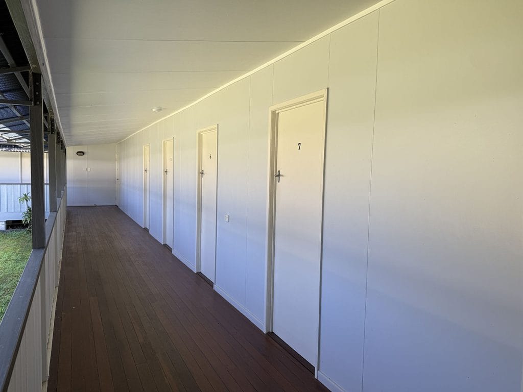 View of verandah and attendee bedrooms in the Abbey Retreat centre, Qld