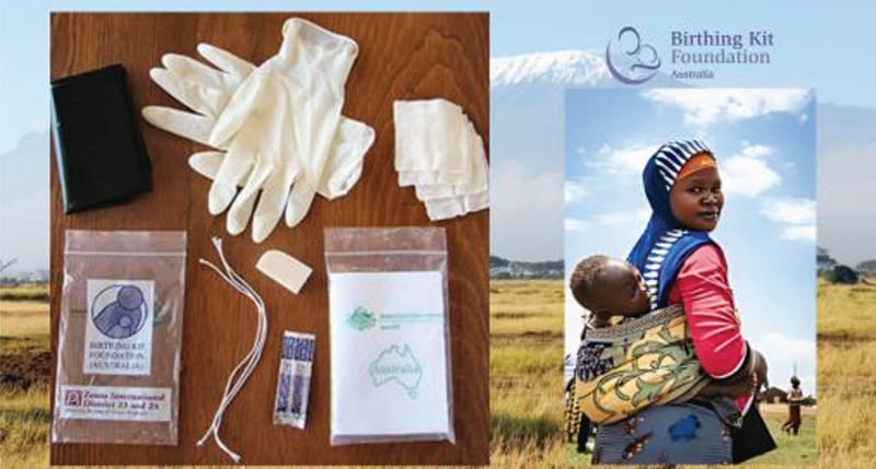 Promotion for the Abbey Church Brirthing Kit Assembly Day featuring contents of the kit and a lady carrying a baby on her back